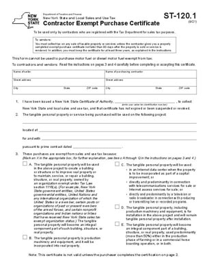 NY ST-120.1 Contractor Exempt Purchase Certificate