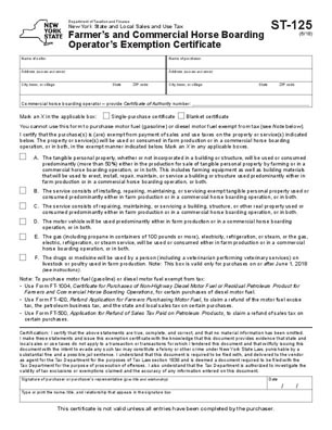 NY ST-125 Farmer’s and Commercial Horse Boarding Operator’s Exemption Certificate